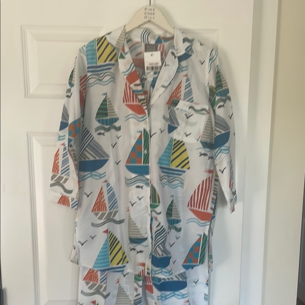 Annie Selke Pine Cone Hill Blue and White sailboat Pajama Set XS